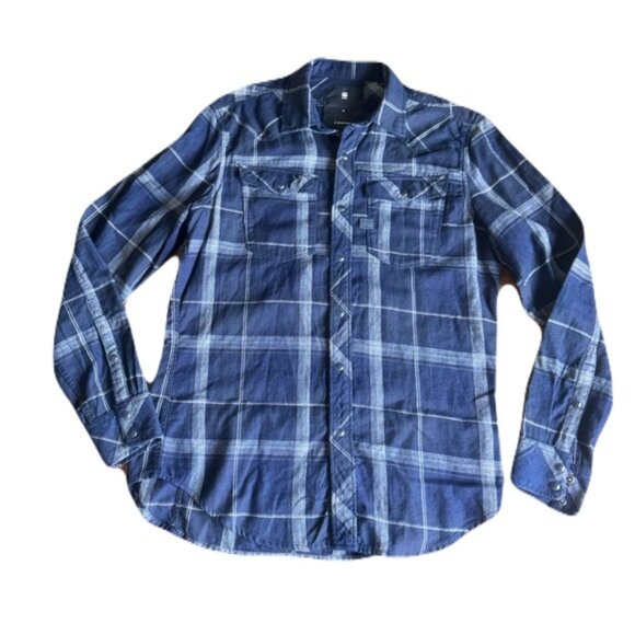 G-Star Raw Medium Blue Plaid Design Snap Button Shirt - Picture 1 of 8